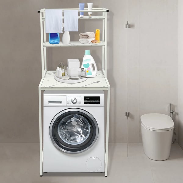 Overbygning til vaskemaskine/tørretumbler - Reol - 3 hylder - 69×60×176,5 cm - 10 kg/hylde - MDF+jern - Hvid+Marmor