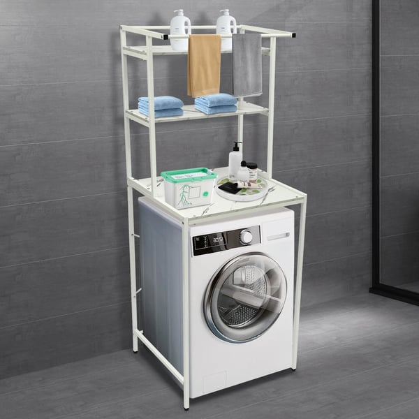 Overbygning til vaskemaskine/tørretumbler - Reol - 3 hylder - 69×60×176,5 cm - 10 kg/hylde - MDF+jern - Hvid+Marmor