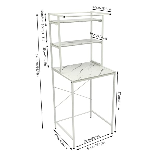 Overbygning til vaskemaskine/tørretumbler - Reol - 3 hylder - 69×60×176,5 cm - 10 kg/hylde - MDF+jern - Hvid+Marmor