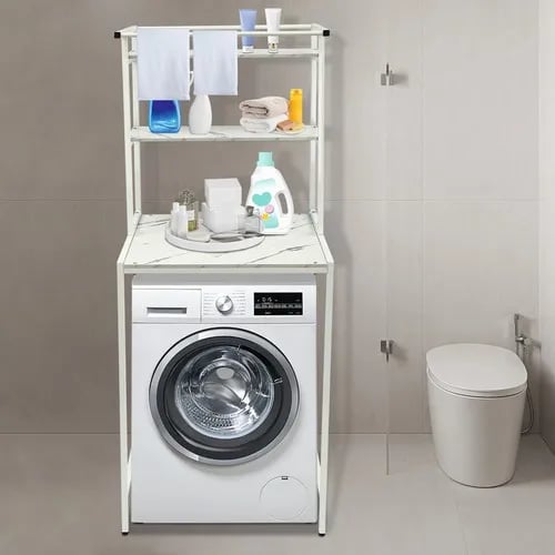 Overbygning til vaskemaskine/tørretumbler - Reol - 3 hylder - 69×60×176,5 cm - 10 kg/hylde - MDF+jern - Hvid+Marmor