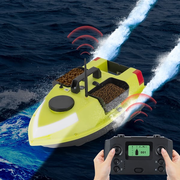 Agnbåd til fiskeri - RC GPS - 600 m rækkevidde - 10.000 rpm motor - LED natnavigationslys - 2×5200 mAh Li-ion - Gul
