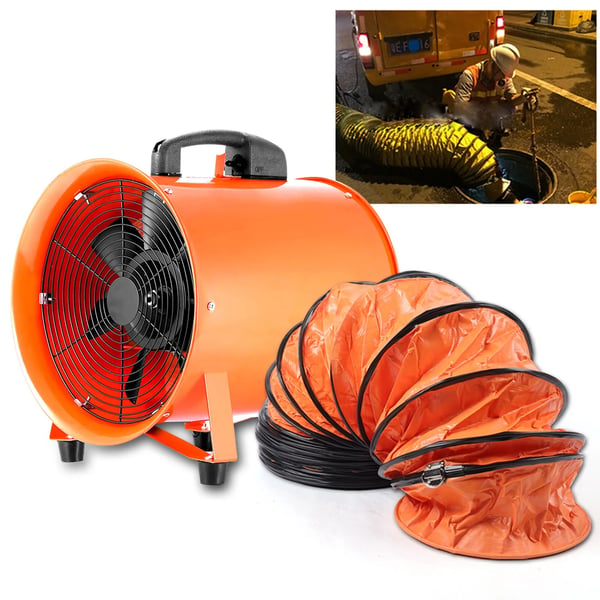 Bærbar udsugningsventilator - Kanalblæser med 10 m slange - 220 V - 320 W - IP44 - Kobbermotor - Til værksted & byggeplads - Orange