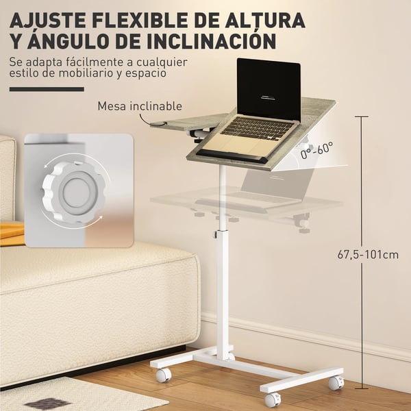 Rullbart sidobord - Laptopbord/Datorbord - Höjdjusterbart - Rektangulär - Trä - 100 cm - Vit