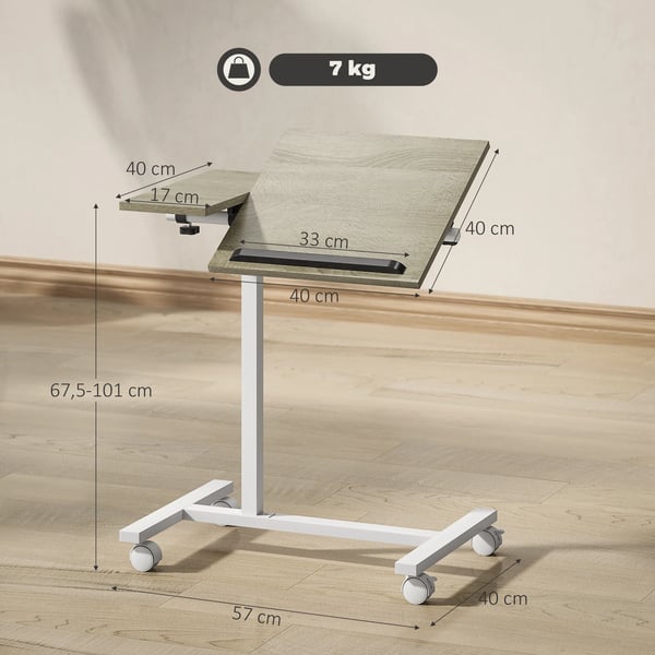 Rullbart sidobord - Laptopbord/Datorbord - Höjdjusterbart - Rektangulär - Trä - 100 cm - Vit