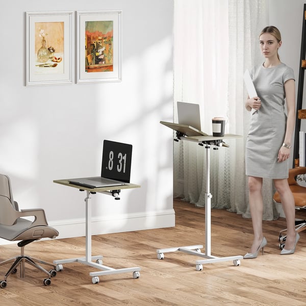 Rullbart sidobord - Laptopbord/Datorbord - Höjdjusterbart - Rektangulär - Trä - 100 cm - Vit