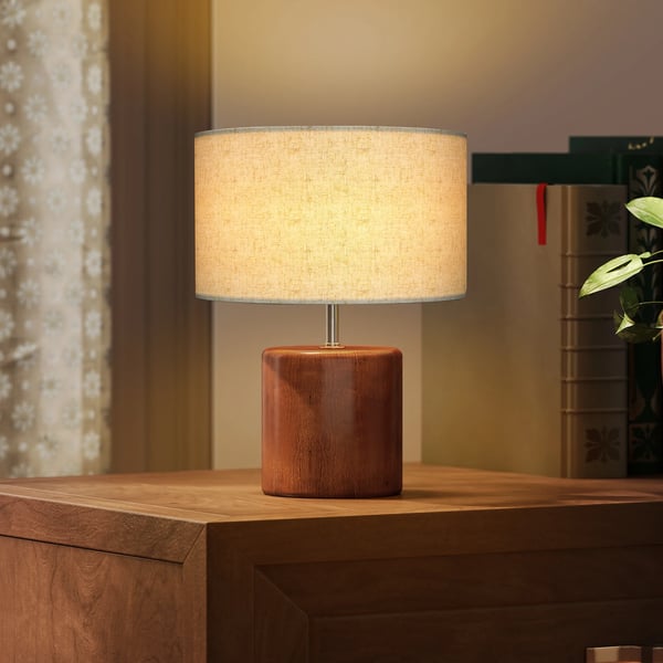 Rustik bordslampa - Nattduksbordslampa - Massiv träbas - Linne-skärm - Touch-brytare - E27, EU-kontakt 220 V, LED - Olivbrun