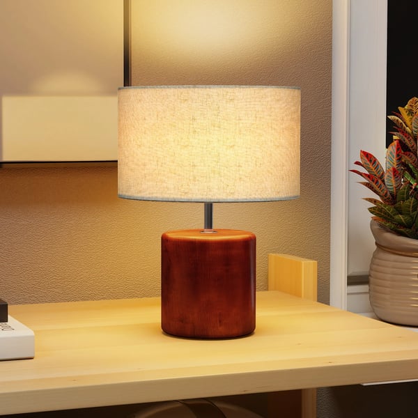 Rustik bordslampa - Nattduksbordslampa - Massiv träbas - Linne-skärm - Touch-brytare - E27, EU-kontakt 220 V, LED - Olivbrun