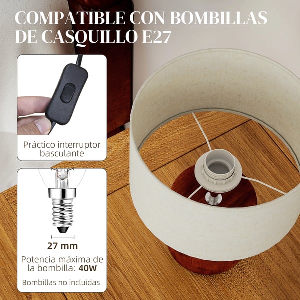 Rustik bordslampa - Nattduksbordslampa - Massiv träbas - Linne-skärm - Touch-brytare - E27, EU-kontakt 220 V, LED - Olivbrun