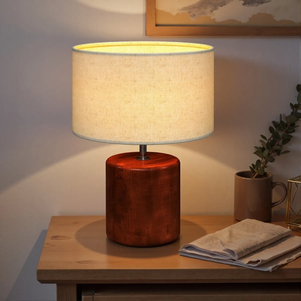 Rustik bordslampa - Nattduksbordslampa - Massiv träbas - Linne-skärm - Touch-brytare - E27, EU-kontakt 220 V, LED - Olivbrun