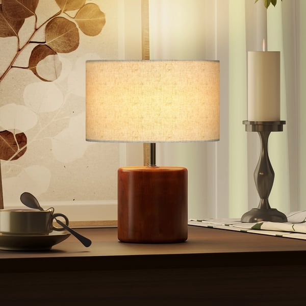 Rustik bordslampa - Nattduksbordslampa - Massiv träbas - Linne-skärm - Touch-brytare - E27, EU-kontakt 220 V, LED - Olivbrun