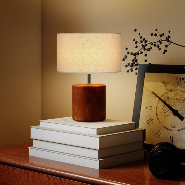 Rustik bordslampa - Nattduksbordslampa - Massiv träbas - Linne-skärm - Touch-brytare - E27, EU-kontakt 220 V, LED - Olivbrun