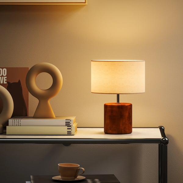 Rustik bordslampa - Nattduksbordslampa - Massiv träbas - Linne-skärm - Touch-brytare - E27, EU-kontakt 220 V, LED - Olivbrun