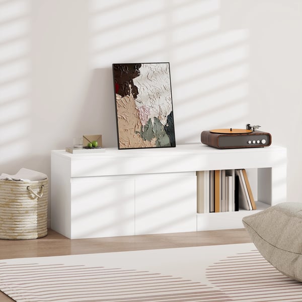 TV-bänk - TV-stativ - För TV upp till 152 cm - Med 2 Dörrar & Öppet Hyllplan - 140x40x48 cm - Modern Design - Vit