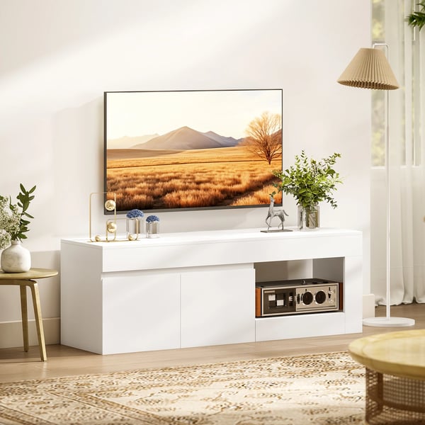 TV-bänk - TV-stativ - För TV upp till 152 cm - Med 2 Dörrar & Öppet Hyllplan - 140x40x48 cm - Modern Design - Vit
