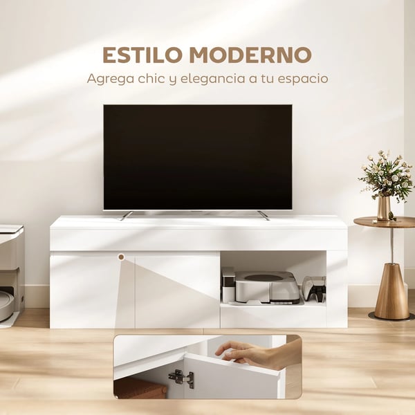 TV-bänk - TV-stativ - För TV upp till 152 cm - Med 2 Dörrar & Öppet Hyllplan - 140x40x48 cm - Modern Design - Vit