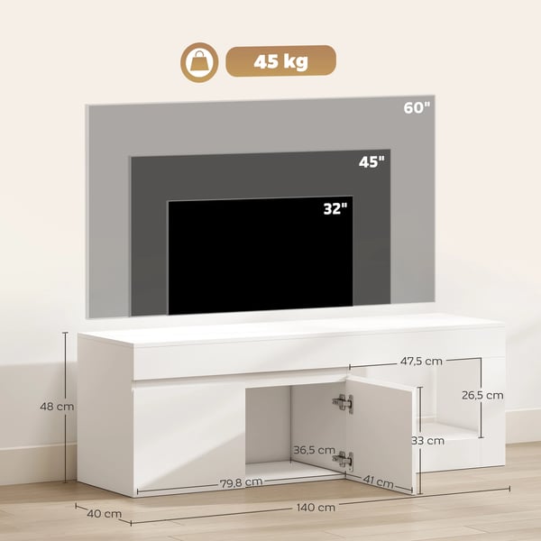 TV-bänk - TV-stativ - För TV upp till 152 cm - Med 2 Dörrar & Öppet Hyllplan - 140x40x48 cm - Modern Design - Vit