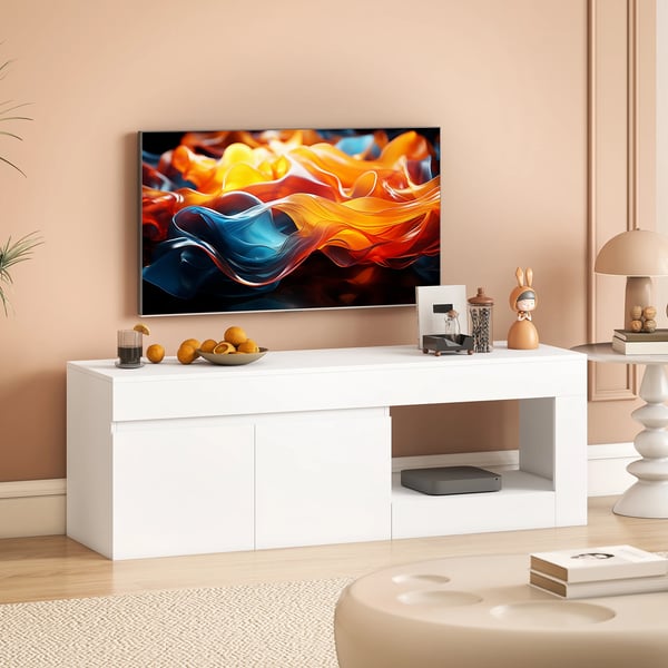 TV-bänk - TV-stativ - För TV upp till 152 cm - Med 2 Dörrar & Öppet Hyllplan - 140x40x48 cm - Modern Design - Vit
