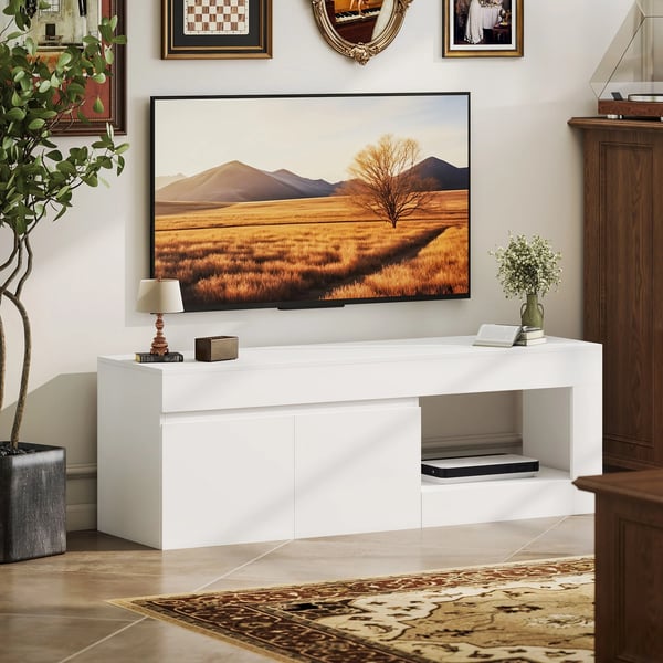 TV-bänk - TV-stativ - För TV upp till 152 cm - Med 2 Dörrar & Öppet Hyllplan - 140x40x48 cm - Modern Design - Vit