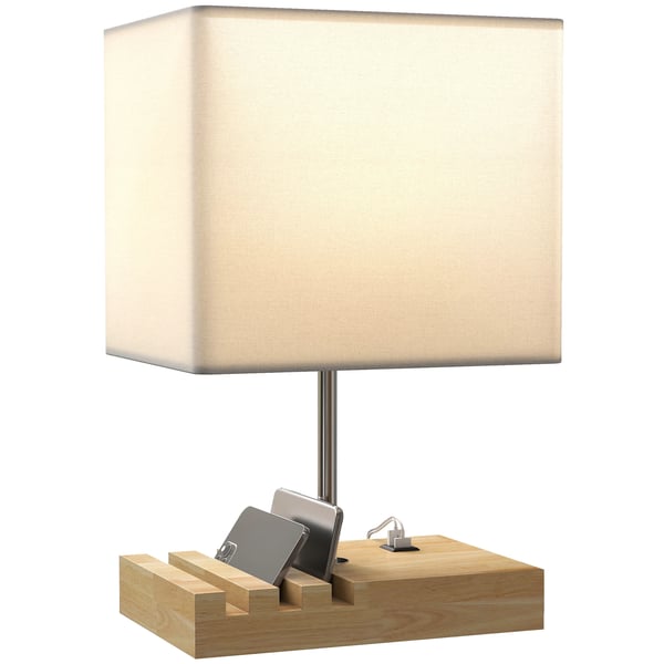 Bordslampa - USB-lampa - USB-A/C-laddning - 3 fack för telefoner - Träsockel - Tygskärm - Touchströmbrytare - E27 EU-kontakt 220 V - Vit