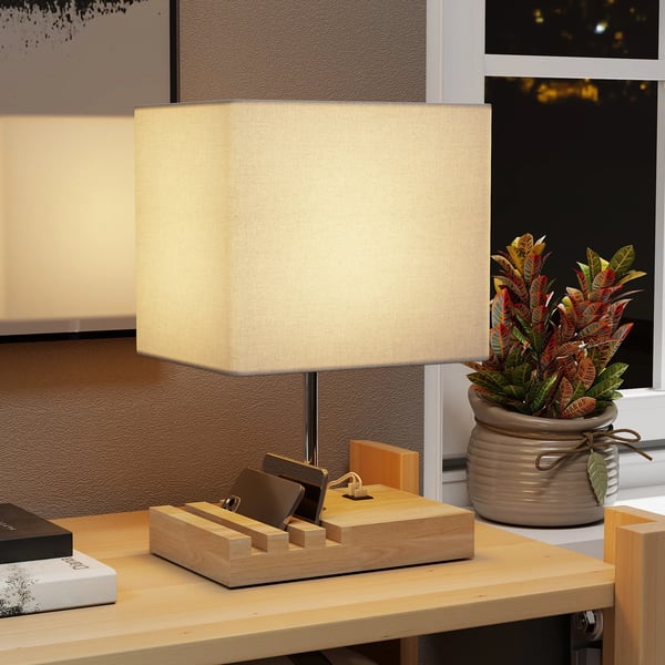 Bordslampa - USB-lampa - USB-A/C-laddning - 3 fack för telefoner - Träsockel - Tygskärm - Touchströmbrytare - E27 EU-kontakt 220 V - Vit