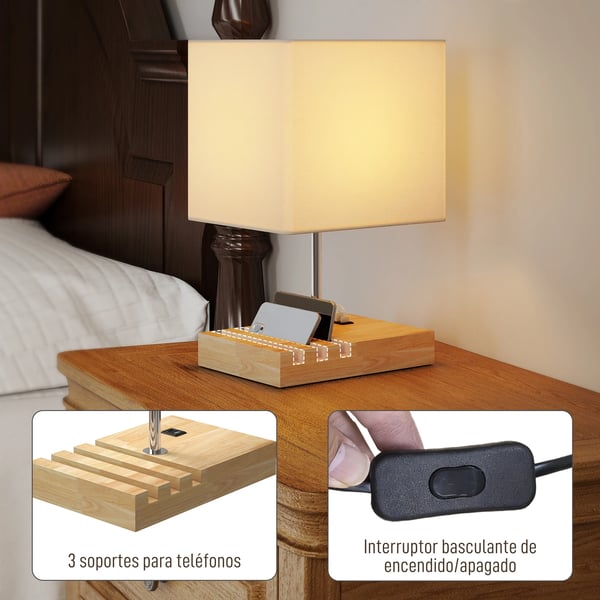 Bordslampa - USB-lampa - USB-A/C-laddning - 3 fack för telefoner - Träsockel - Tygskärm - Touchströmbrytare - E27 EU-kontakt 220 V - Vit