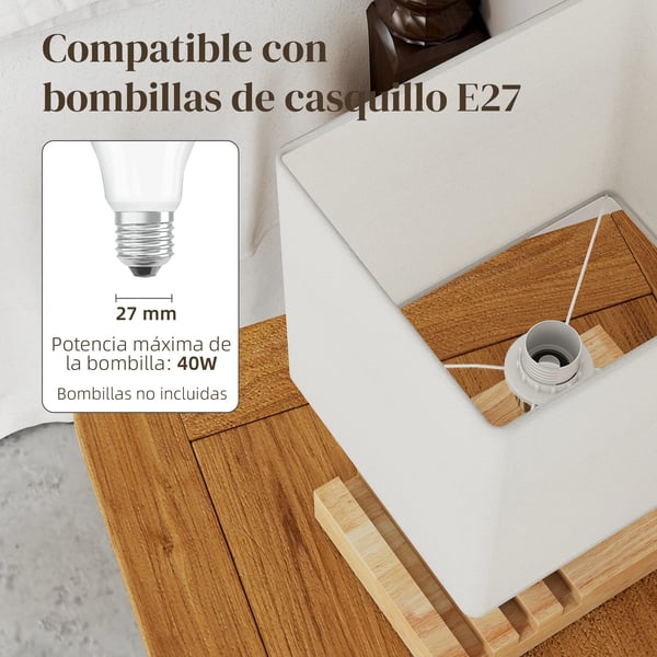 Bordslampa - USB-lampa - USB-A/C-laddning - 3 fack för telefoner - Träsockel - Tygskärm - Touchströmbrytare - E27 EU-kontakt 220 V - Vit
