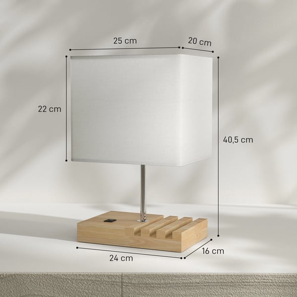 Bordslampa - USB-lampa - USB-A/C-laddning - 3 fack för telefoner - Träsockel - Tygskärm - Touchströmbrytare - E27 EU-kontakt 220 V - Vit