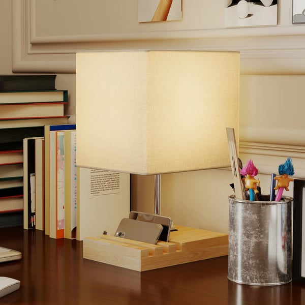 Bordslampa - USB-lampa - USB-A/C-laddning - 3 fack för telefoner - Träsockel - Tygskärm - Touchströmbrytare - E27 EU-kontakt 220 V - Vit