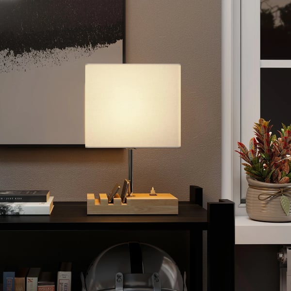 Bordslampa - USB-lampa - USB-A/C-laddning - 3 fack för telefoner - Träsockel - Tygskärm - Touchströmbrytare - E27 EU-kontakt 220 V - Vit