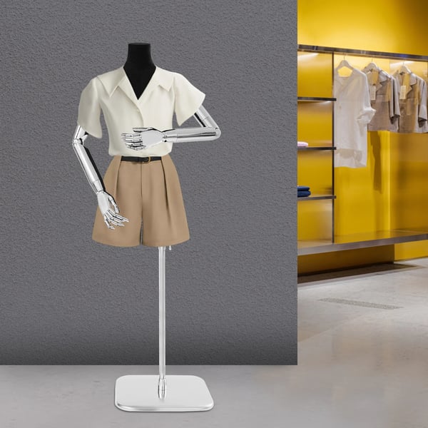 Dame mannequin - Overkrop - Justerbar højde 120–210 cm - Plast - Med arme og fodplade - Sort krop, sølv hænder, sølv fodplade