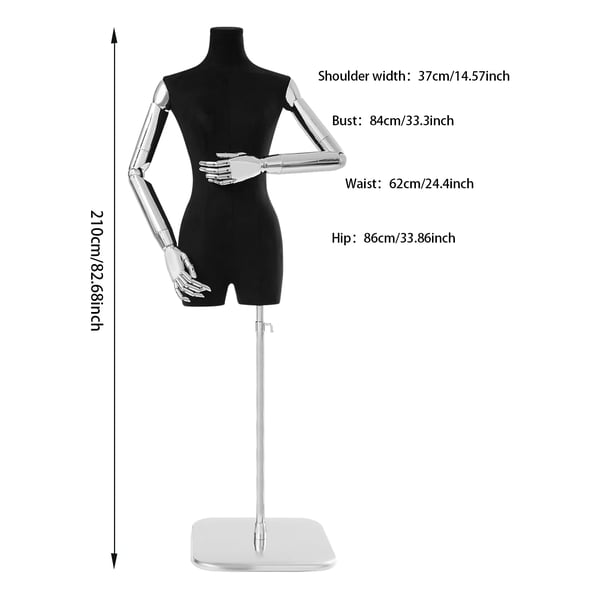 Dame mannequin - Overkrop - Justerbar højde 120–210 cm - Plast - Med arme og fodplade - Sort krop, sølv hænder, sølv fodplade