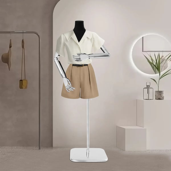Dame mannequin - Overkrop - Justerbar højde 120–210 cm - Plast - Med arme og fodplade - Sort krop, sølv hænder, sølv fodplade