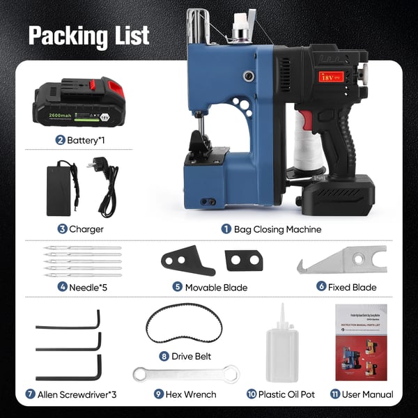 Sæksymaskine - Håndholdt industriel - 2600 mAh batteri - Trådløs - Kædesting - 260 W - 220V EU - Til jute/kanvasposer - Blå