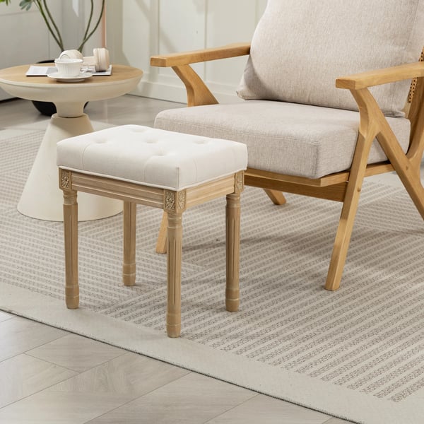 Fotpall - Ottoman - Rustik stil - Klädsel i linneimitation - Massivt trä - Snidade ben - Vadderad sits - 42×32×46,5 cm - Beige