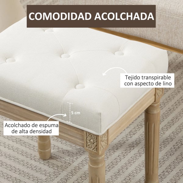Fotpall - Ottoman - Rustik stil - Klädsel i linneimitation - Massivt trä - Snidade ben - Vadderad sits - 42×32×46,5 cm - Beige