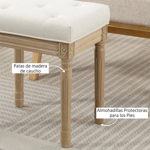 Fotpall - Ottoman - Rustik stil - Klädsel i linneimitation - Massivt trä - Snidade ben - Vadderad sits - 42×32×46,5 cm - Beige