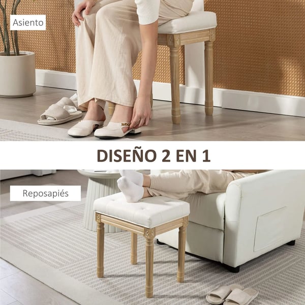 Fotpall - Ottoman - Rustik stil - Klädsel i linneimitation - Massivt trä - Snidade ben - Vadderad sits - 42×32×46,5 cm - Beige