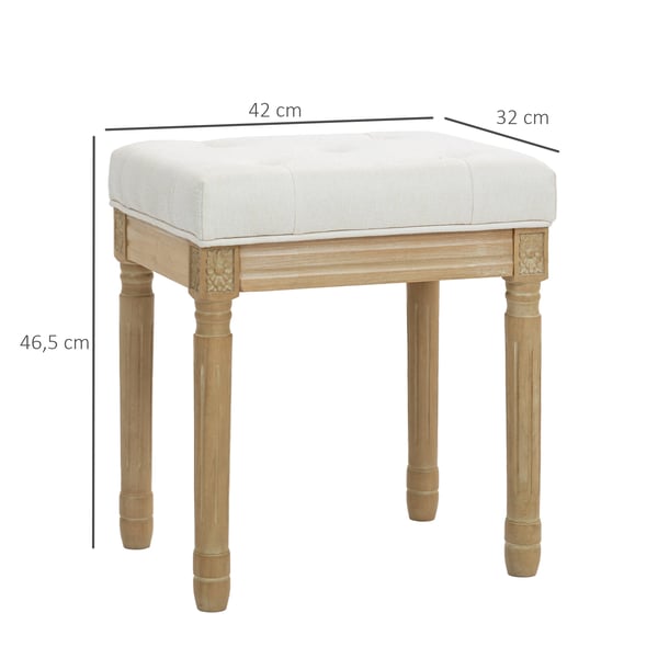 Fotpall - Ottoman - Rustik stil - Klädsel i linneimitation - Massivt trä - Snidade ben - Vadderad sits - 42×32×46,5 cm - Beige