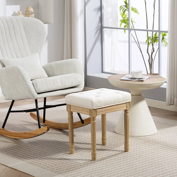 Fotpall - Ottoman - Rustik stil - Klädsel i linneimitation - Massivt trä - Snidade ben - Vadderad sits - 42×32×46,5 cm - Beige