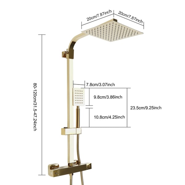Brusesystem - Termostat regnbruser med håndbruser - Firkantet - Messing & 304 rustfrit stål - Slange 1,5 m - Guld