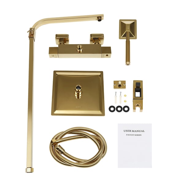 Brusesystem - Termostat regnbruser med håndbruser - Firkantet - Messing & 304 rustfrit stål - Slange 1,5 m - Guld