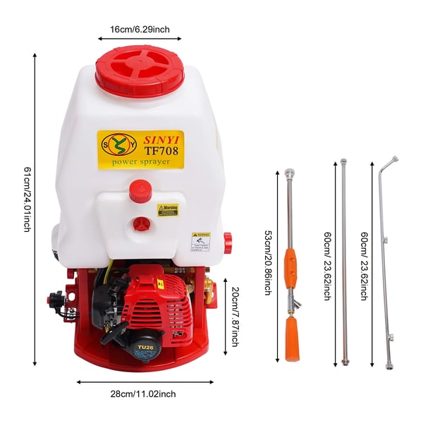 Benzindrevet rygsprøjte - højtryk - 25,4 cc motor - 20 l tank - 2–7,4 m rækkevidde - justerbar dyse - hvid