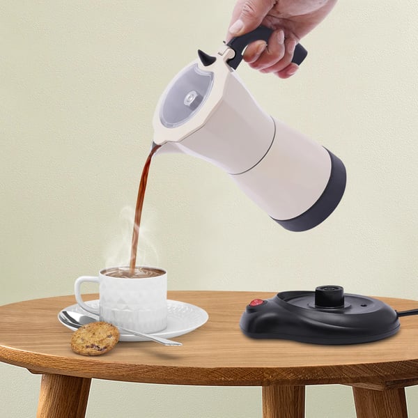 Espressokande - Elektrisk Mokkakande - 6 Kopper - Kapacitet 300 ml - Med Base - Cremehvid