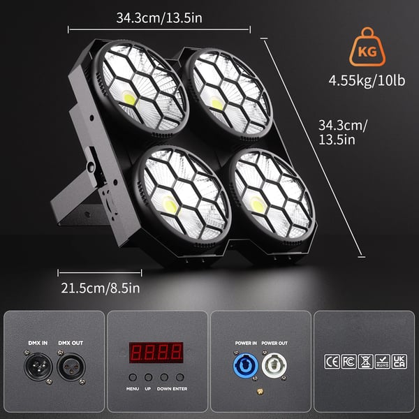 LED COB PAR Scenelys - 4x100W 4-Øjet - Blinder/Wash Publiklys - DMX512 & RDM 6/12 Kanaler - 90–240V - Varm Hvid