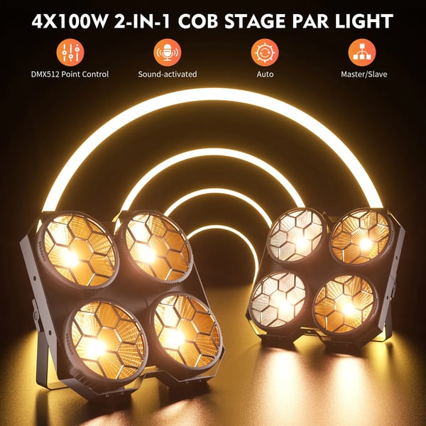 LED COB PAR Scenelys - 4x100W 4-Øjet - Blinder/Wash Publiklys - DMX512 & RDM 6/12 Kanaler - 90–240V - Varm Hvid