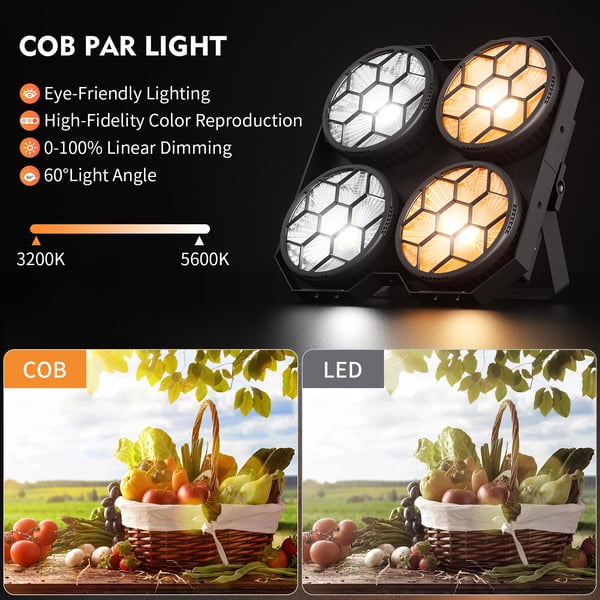 LED COB PAR Scenelys - 4x100W 4-Øjet - Blinder/Wash Publiklys - DMX512 & RDM 6/12 Kanaler - 90–240V - Varm Hvid