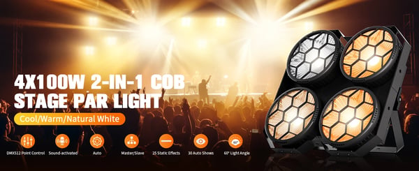 LED COB PAR Scenelys - 4x100W 4-Øjet - Blinder/Wash Publiklys - DMX512 & RDM 6/12 Kanaler - 90–240V - Varm Hvid