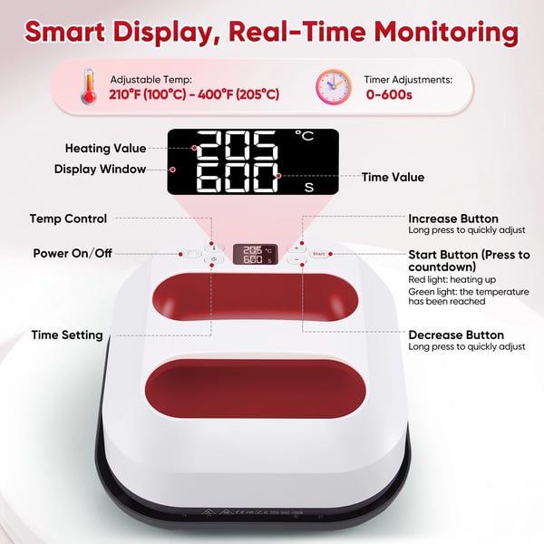 Håndholdt varmepresse - Pressemaskine - 23 x 23 cm - Hurtig opvarmning - Justerbar temperatur - Timer - Automatisk sluk - Rød