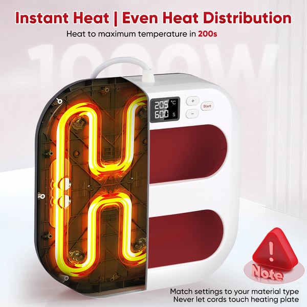 Håndholdt varmepresse - Pressemaskine - 23 x 23 cm - Hurtig opvarmning - Justerbar temperatur - Timer - Automatisk sluk - Rød