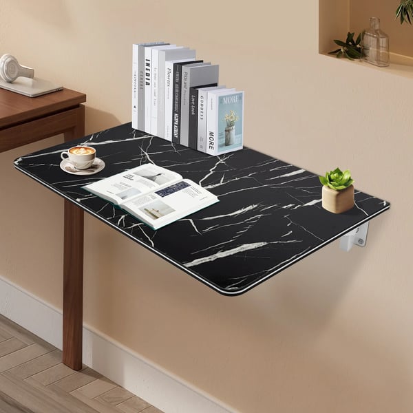 Vægmonteret foldebord - Spisebord/Vægbord - Pladsbesparende - 80×50 cm - Maks 30 kg - MDF & metal, 16 mm plade - Nem montering - Sort